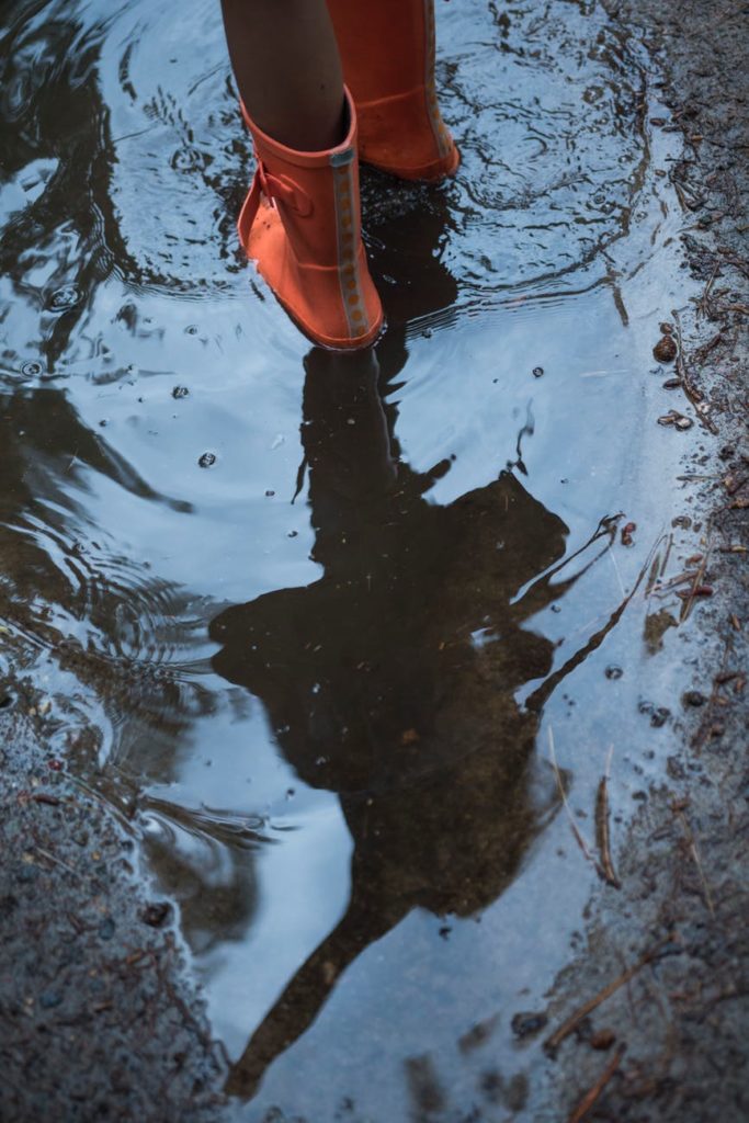 a person wearing wellington boots and standing in a puddle
