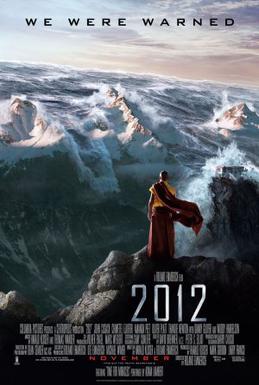 Film poster showing a Nepalese monk on a mountain watching as tsunami waves coming over the Himalayan Mountains