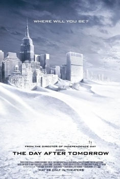 Film poster of the movie The Day After Tomorrow showing a snow-covered New York City skyline