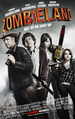 Poster for Zombieland with the four actors appearing as a group all holding different weapons