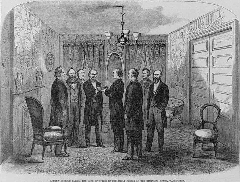 Andrew Johnson taking the oath of office in the small parlor of the Kirkwood House, Washington, April 15, 1865