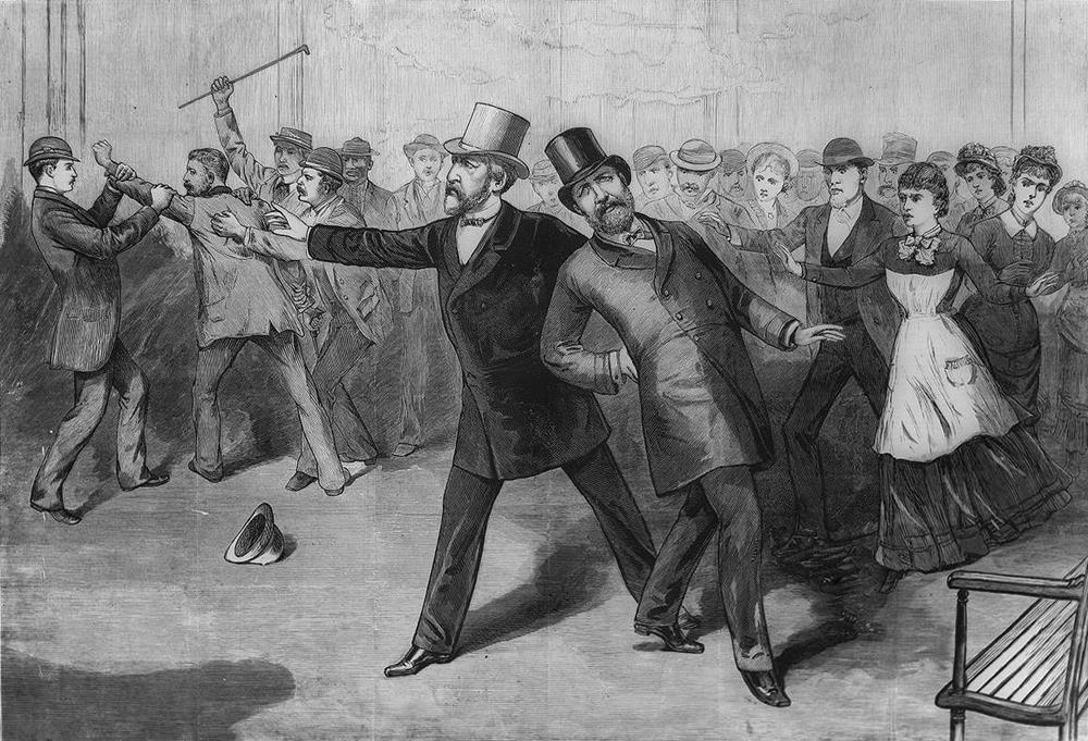 Engraving of James A. Garfield's assassination, published in Frank Leslie's Illustrated Newspaper