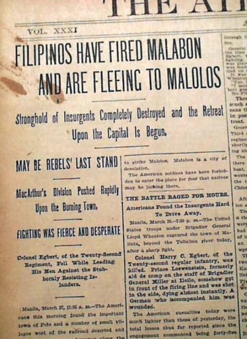 The <EM>Atlanta Constitution </EM>of Georgia, USA, issue of March 27, 1899, reports on American victories at Malabon, Polo and Malinta