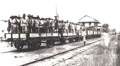 Filipino soldiers packed on wagon trains as they head for the war front. [Photo taken in 1899, somewhere in Central Luzon]
