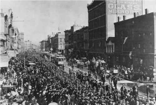 13th Minnesota Volunteers marching down Washington Ave, Minneapolis, enroute to Philippines, May 16 1898