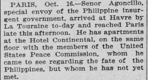 Agoncillo arrives in Paris, San Francisco Call Oct 17 1898