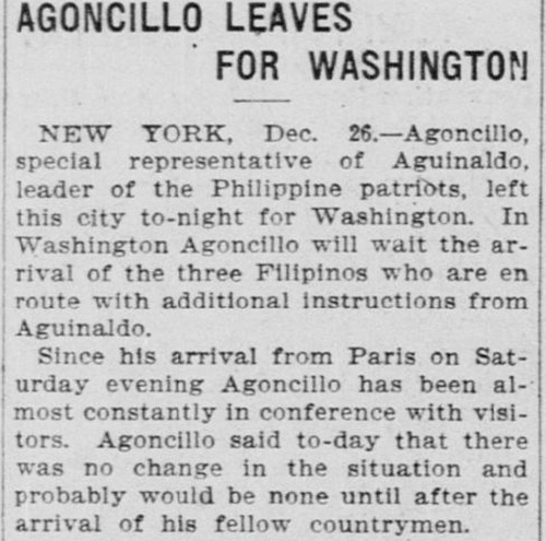 Agoncillo leaves for Washington, The San Francisco Call, Dec 27, 1898