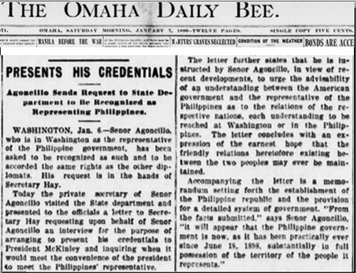 Agoncillo presents credentials, Omaha Daily Bee Jan 7 1899