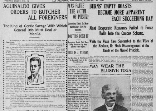 Aguinaldo orders butcher foreigners, SFC Feb 22 1899