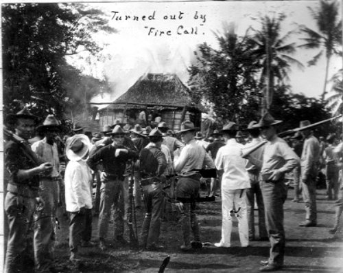 American soldiers in Cagayan de Misamis turned out by firecall circa 1900