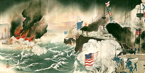 Battle of Manila Bay in Japanese woodblock