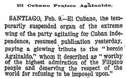 El Cubano praises Aguinaldo Feb 9 1899