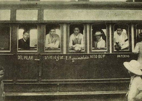 Filipino rebel leaders arrive Dagupan Decr 29 1897 on board railroad car from left Grego