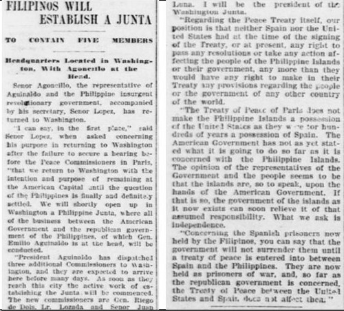 Filipinos to establish junta, The Evening Times Dec 28 1898