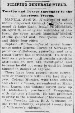 Isidoro Torres surrender, The Times, Washington, D.C., April 27, 1901, Page 1
