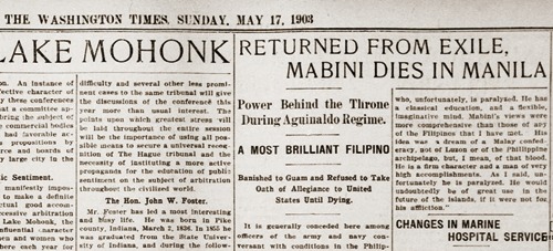 Mabini dies, The Washington Times, May 3 1903 page 3