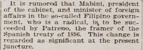 Mabini out as cabinet head, SLH May 8 1899