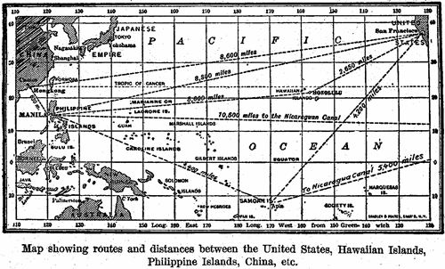 Map showing routes distances between US, Hawaii, Philippines, China, etc 1899