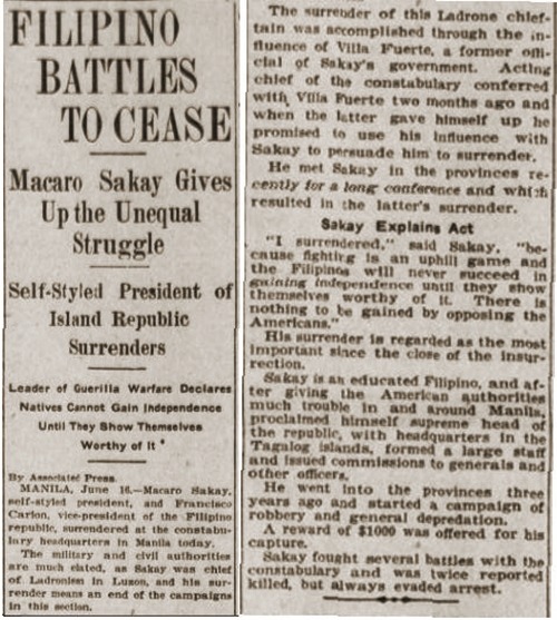 Sakay surrenders, article, LAH June 17 1906