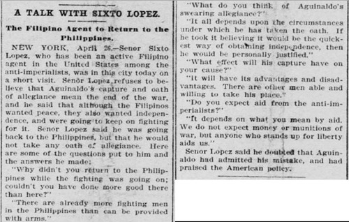 Talk with Sixto Lopez, The Times, April 27, 1901 Page 1