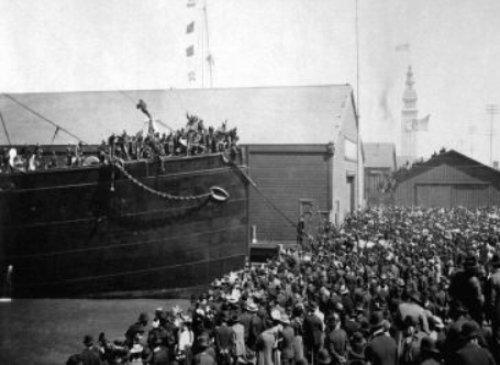 Transport Indiana leaving Pacific Mail Docks, San Francisco CA June 27 1898