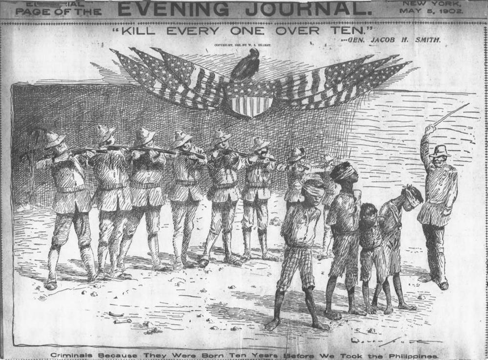 Gen. Jacob H. Smith's order "Kill Everyone Over Ten" became a caption in the New York Journal cartoon on May 5, 1902