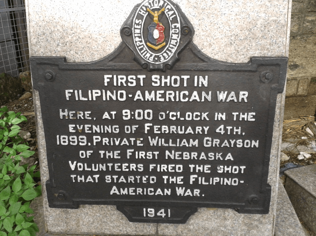 a marker telling about the first shot in the Filipino-American War