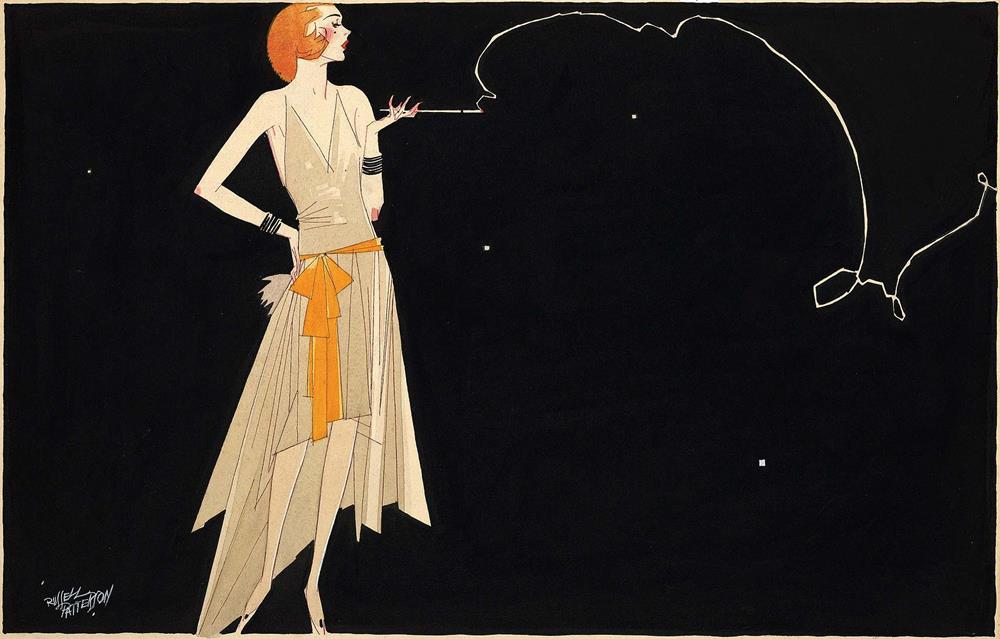 "Where there's smoke there's fire" by Russell Patterson, showing a fashionably dressed flapper in the 1920s