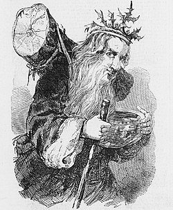 1848 depiction of Father Christmas crowned with a holly wreath, holding a staff and a wassail bowl and carrying the Yule log
