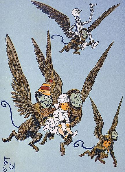 The monkeys caught Dorothy in their arms and flew away with her—illustration by W. W. Denslow in The Wonderful Wizard of Oz (1900)