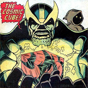 Thanos holds the Cosmic Cube as the entity Death looks on