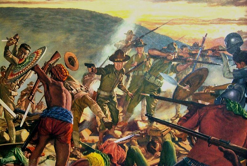 illustration of a battle between the US military and the Moro people