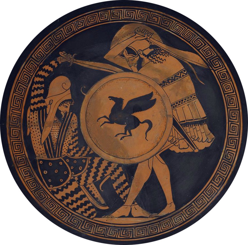 a drinking cup depicting a Greek hoplite and a Persian warrior fighting