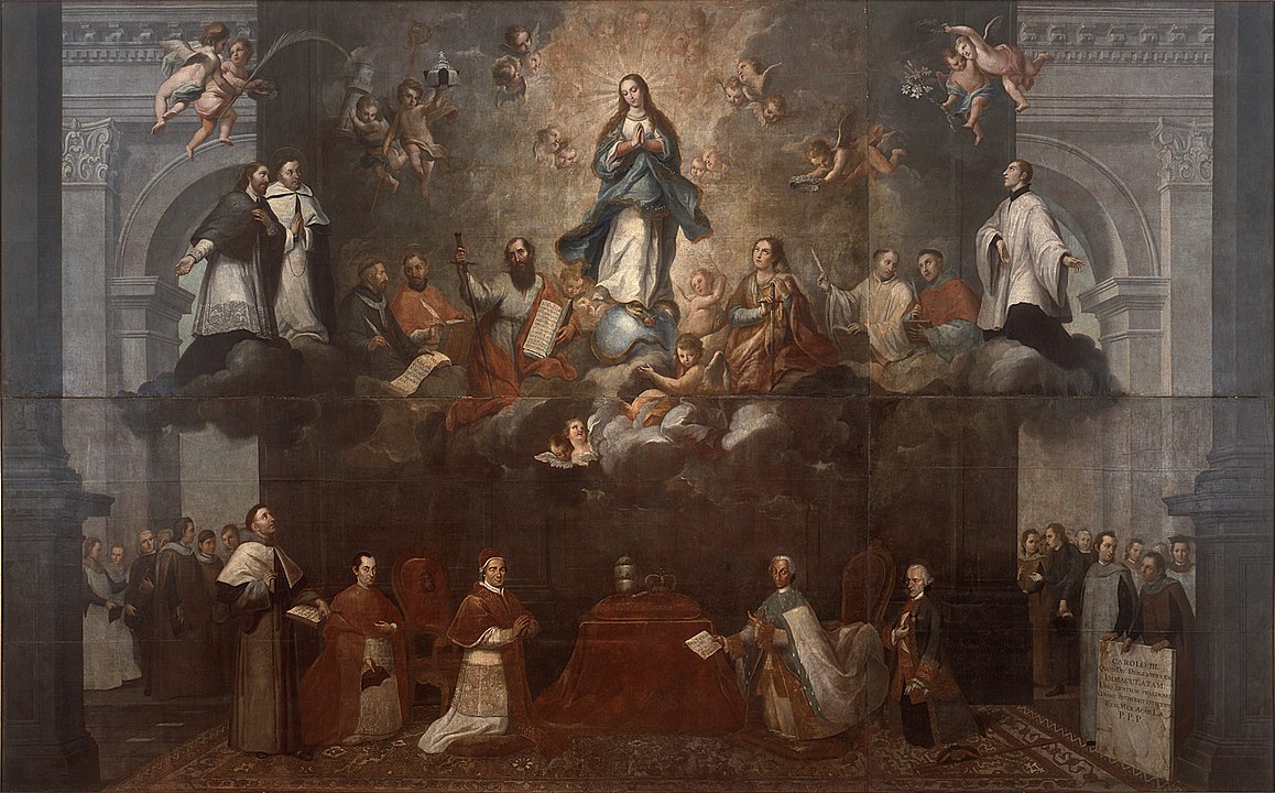 a painting by Francisco Antonio Vallejo depicting the two powers: the church (represented by Pope Clement XIV to the left of the altar) and the state (represented by Charles III to the right of the altar.)