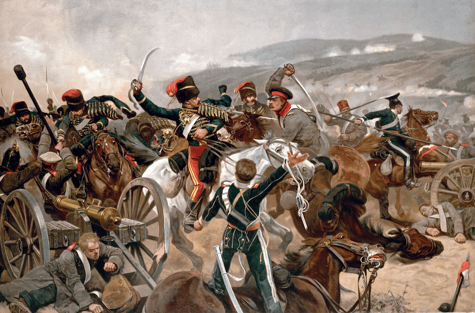 a painting depicting British cavalry fighting Russian forces in 1854 