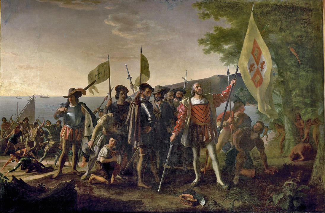 a painting depicting Columbus planting the flag of Spain in the Americas in 1492