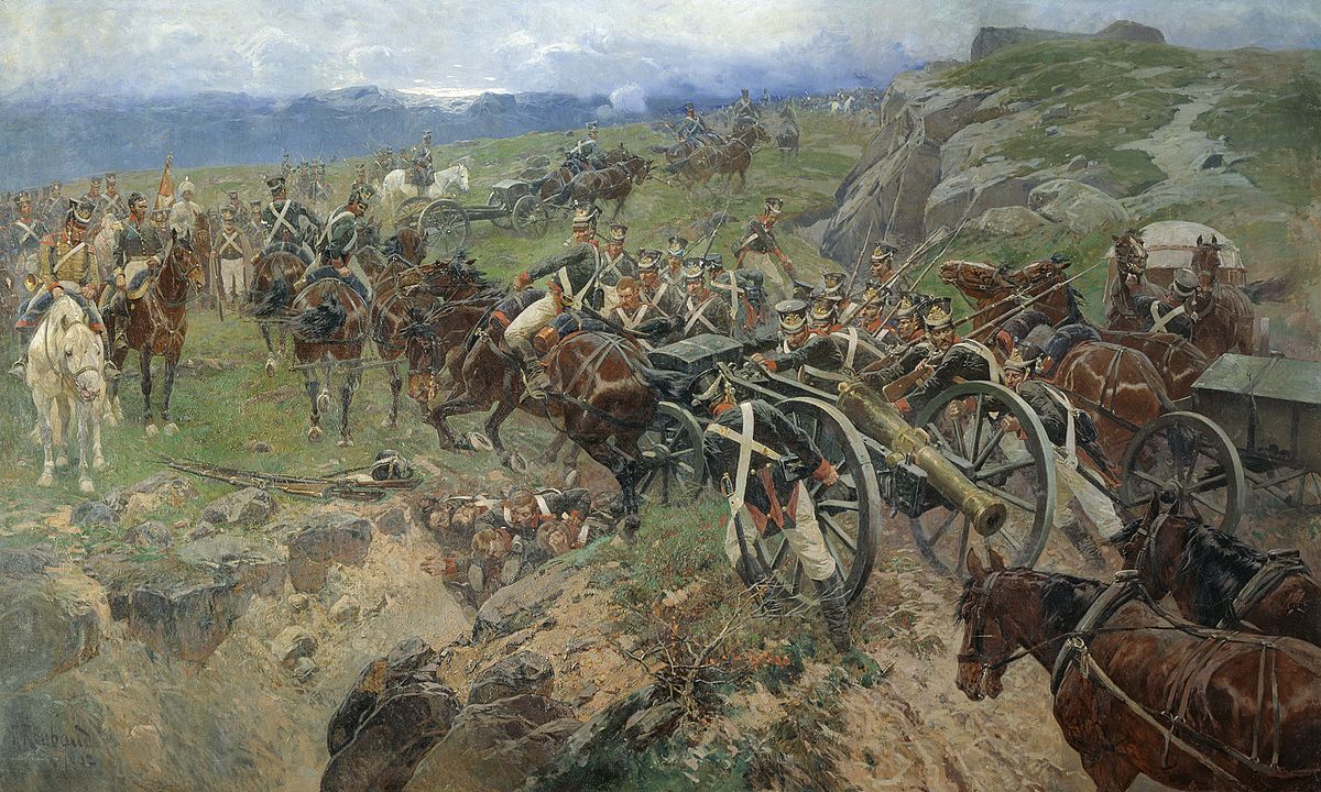 a painting depicting Russian soldiers forming a bridge using their bodies to move equipment