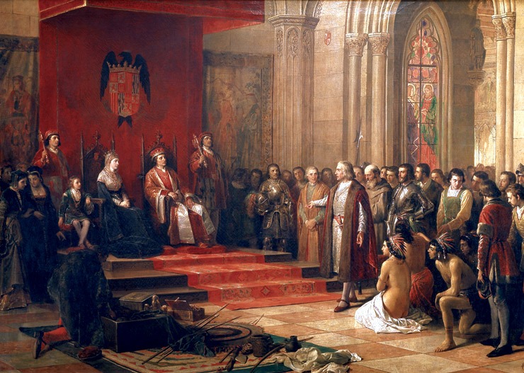 a painting depicting the return of Christopher Columbus in 1493