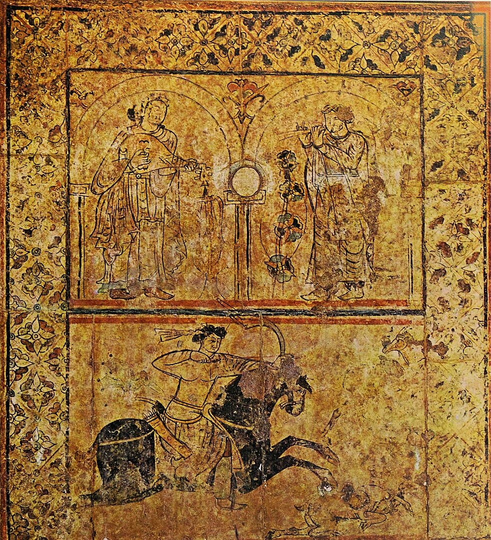 an artwork depicting musicians and hunting cavalier from the Umayyad Caliphate in 730
