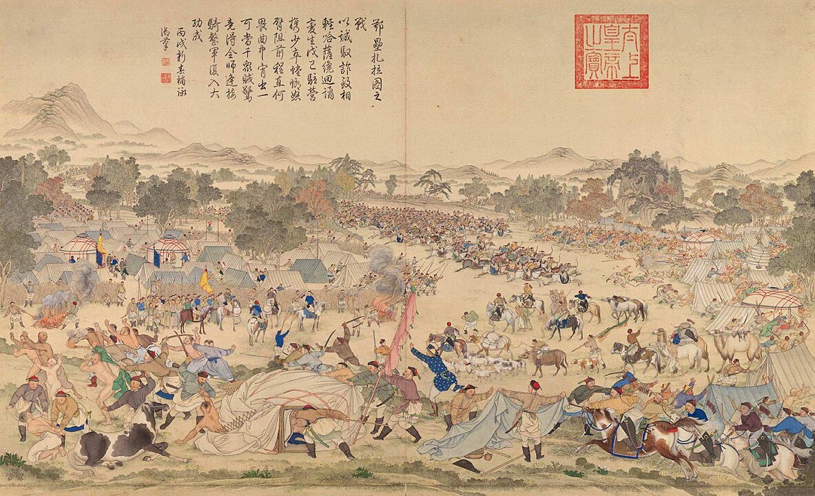 an artwork depicting that Qing conquest of Xinjiang from 1755 to 1758