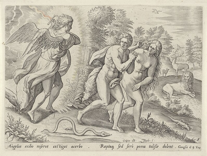 Adam and Eve cover their nakedness while they are driven out of the Earth's Paradise by the angel with the flaming sword