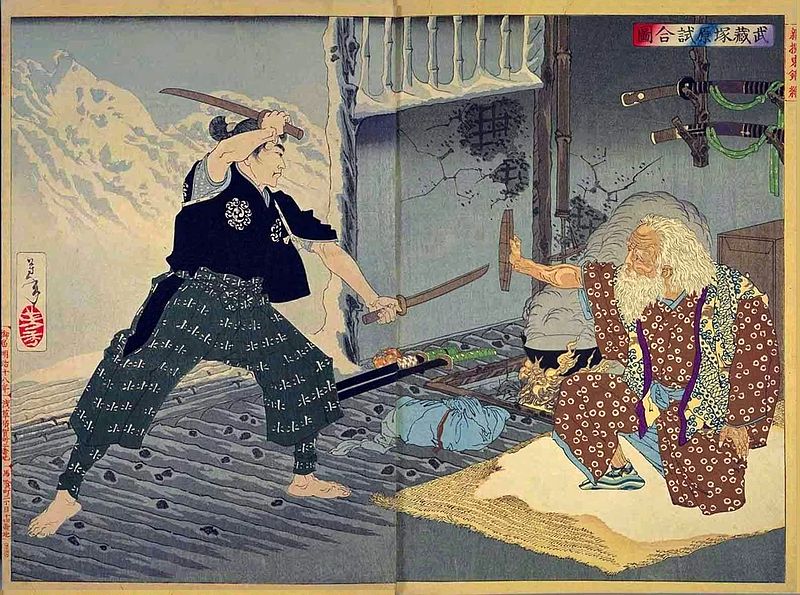 An ukiyo-e print depicting the fictional encounter between Tsukahara Bokuden and Miyamoto Musashi