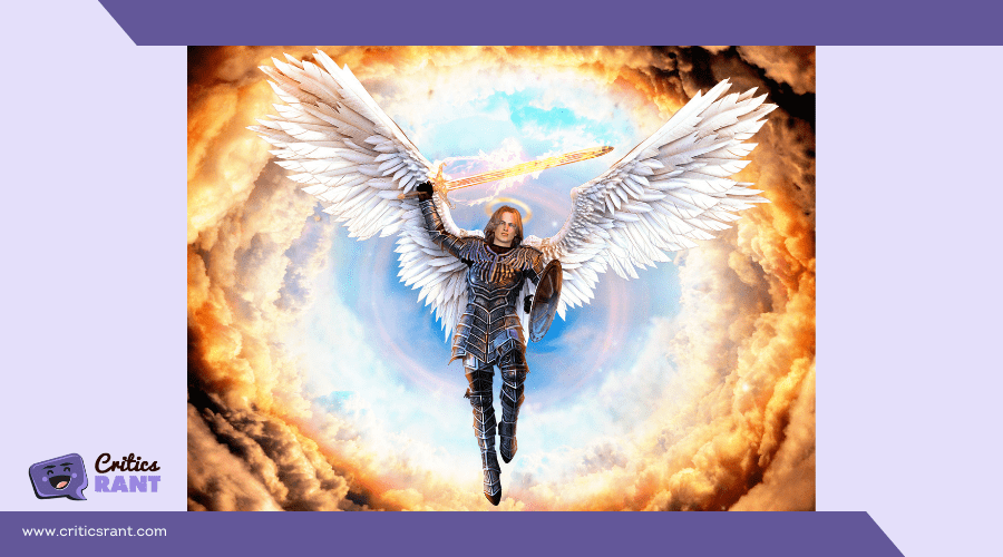 archangel Michael in armor with flaming sword and shield