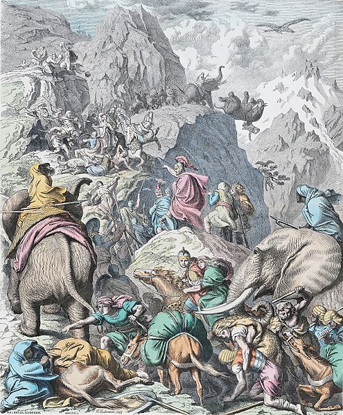 An 1866 illustration of Hannibal and his army crossing the Alps