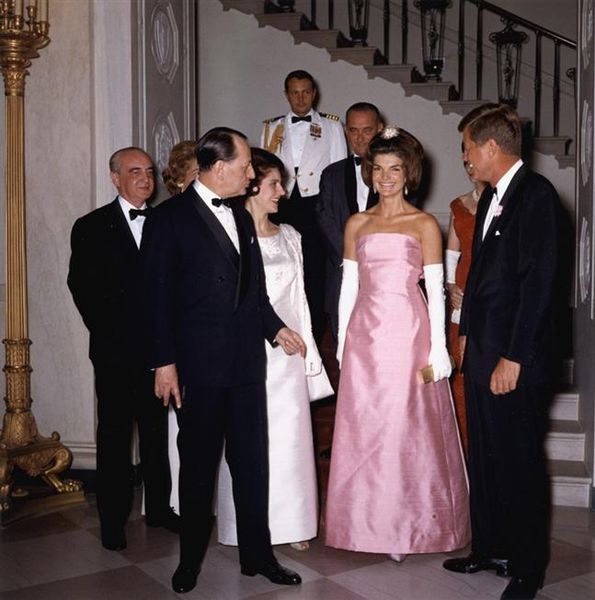 Jacqueline Kennedy wearing a gown designed by Oleg Cassini