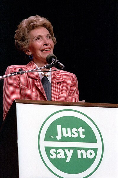 Nancy Reagan speaking at a "Just Say No" rally in Los Angeles, California