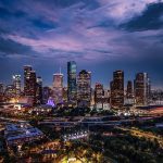 Drone aerial image of downtown Houston, Texas captured at twilight