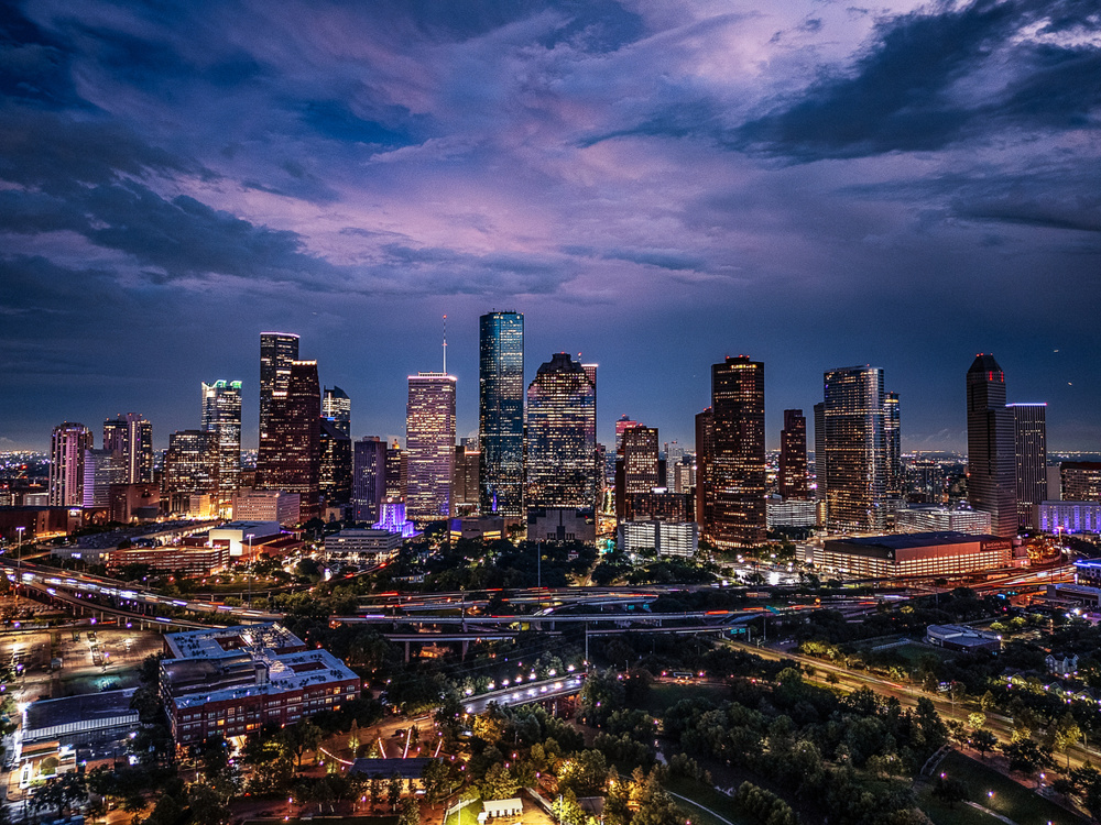Drone aerial image of downtown Houston, Texas captured at twilight